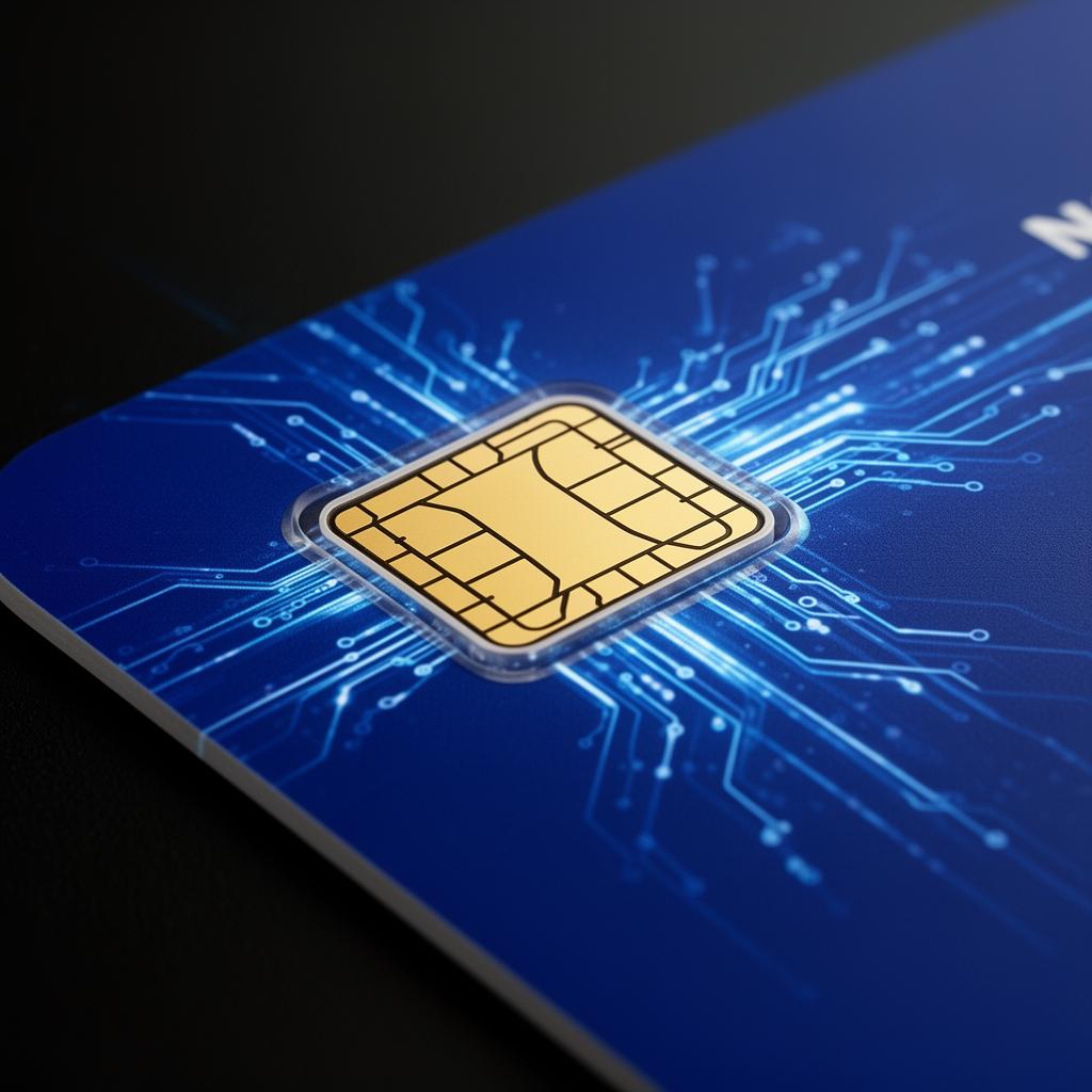 Gold NFC chip embedded in a royal blue card with cryptographic circuit traces